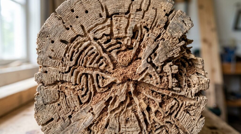 Close-up macro photography of wood-boring beetle damage in t