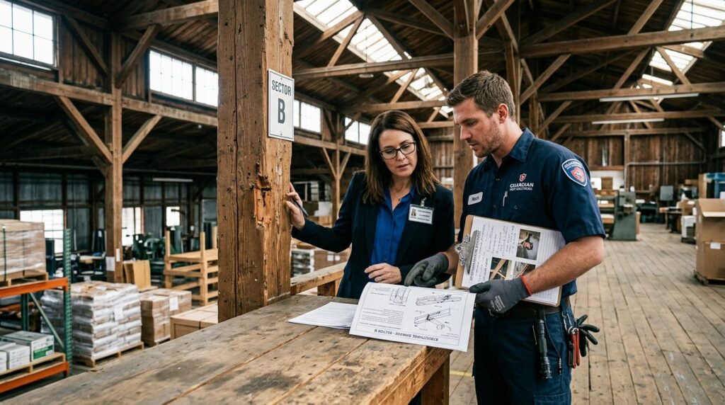 Property manager and pest control technician reviewing struc