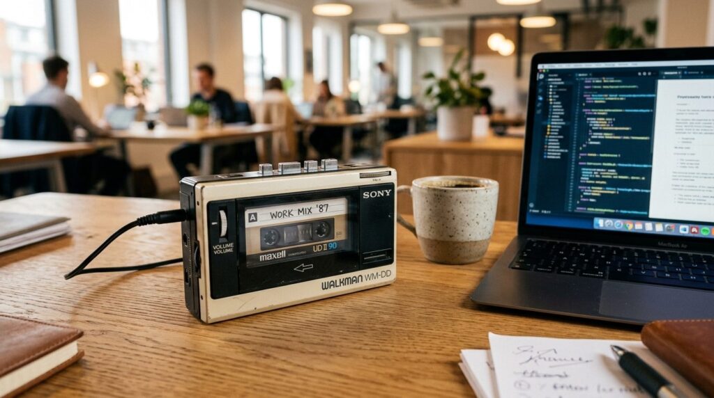 Close-up product shot of a retro cassette tape player on a c