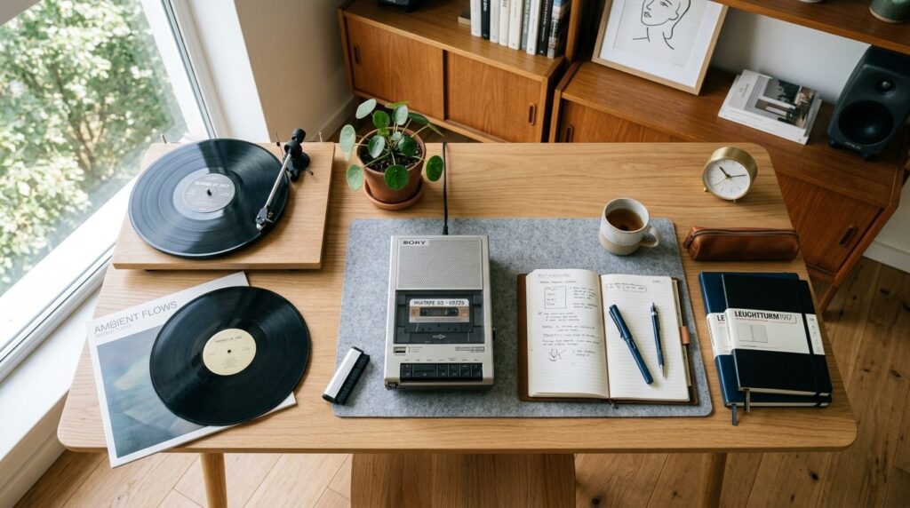 Wide overhead view of a productivity-focused desk setup feat