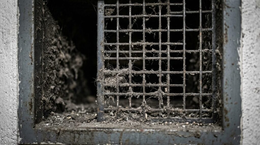 Close-up photorealistic image of a dusty, grimy ventilation