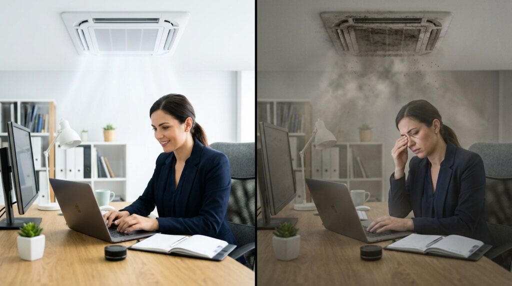 Split-screen style comparison: left side shows a professiona