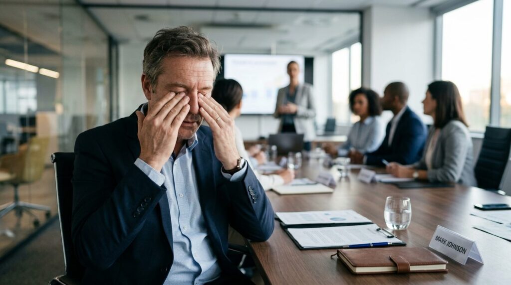 Close-up of a tired businessman rubbing his eyes during a wo
