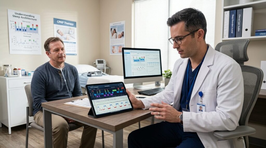 Male healthcare professional or sleep specialist doctor exam
