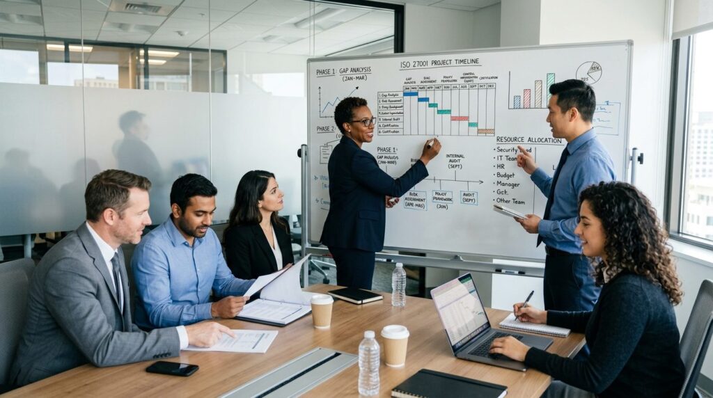 Team of business professionals in meeting room collaborating