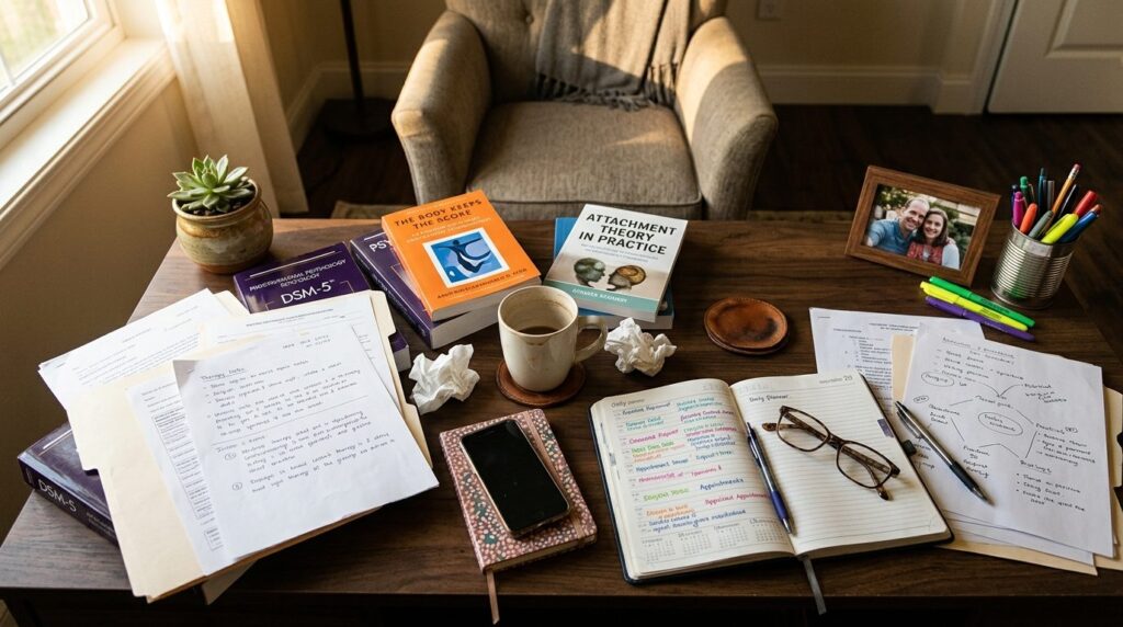 Overhead view of a therapists workspace showing scattered n