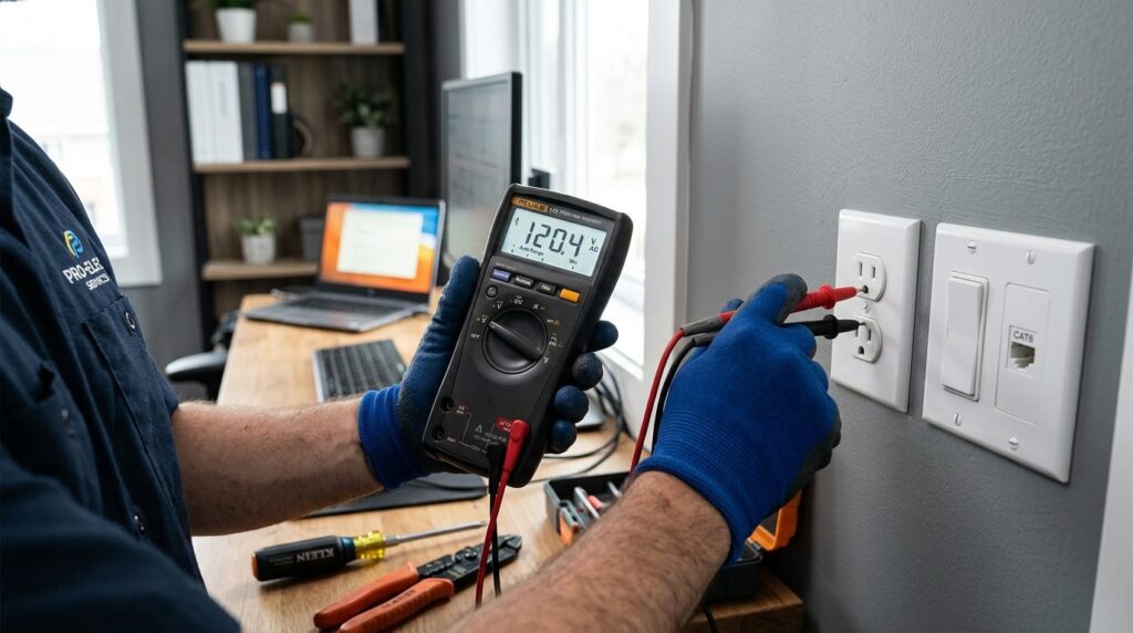 Close-up photorealistic shot of an electricians hands using