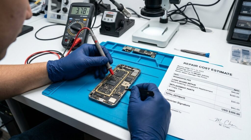 Close-up overhead shot of a technicians hands carefully exa
