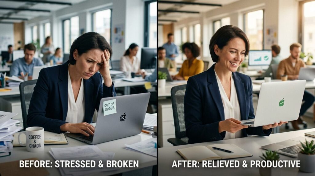 Split-screen visual concept: Left side shows a professional