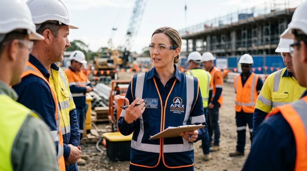 Close-up professional photo of a manager in a branded safety