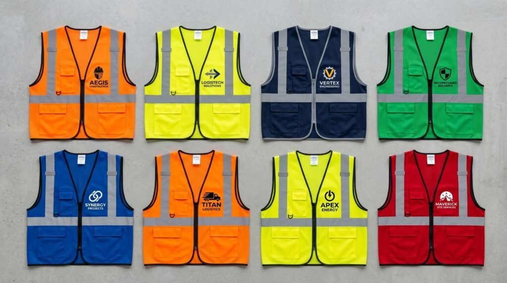 Overhead flat lay photograph of various branded safety vests