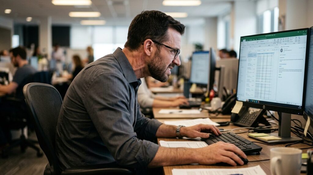 Close-up side profile of a professional man at a desk lookin