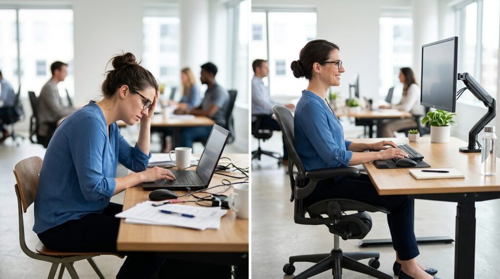 Before and after split-screen image: left side shows a woman
