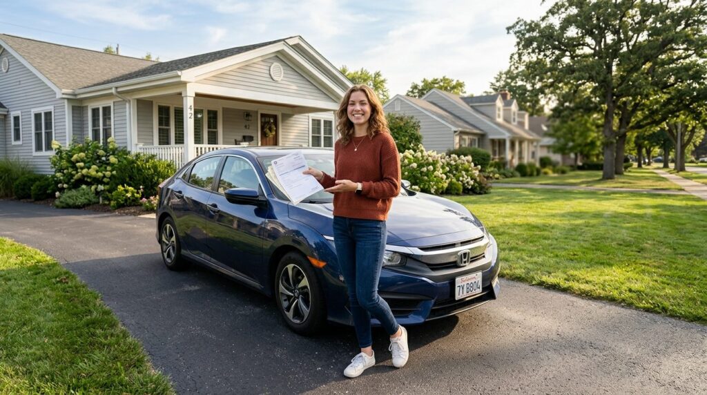 Wide shot of a young person standing next to their first car