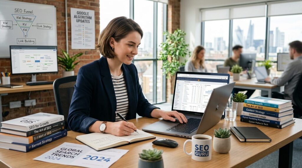 Young SEO specialist working at desk with laptop and noteboo