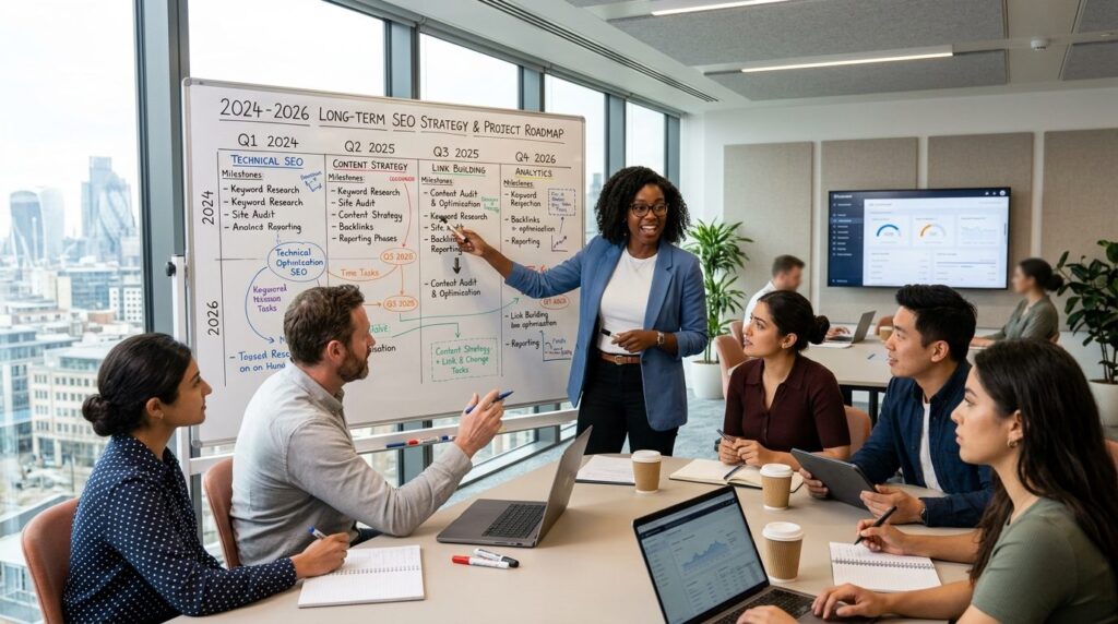 Team of digital marketing professionals in a meeting room re