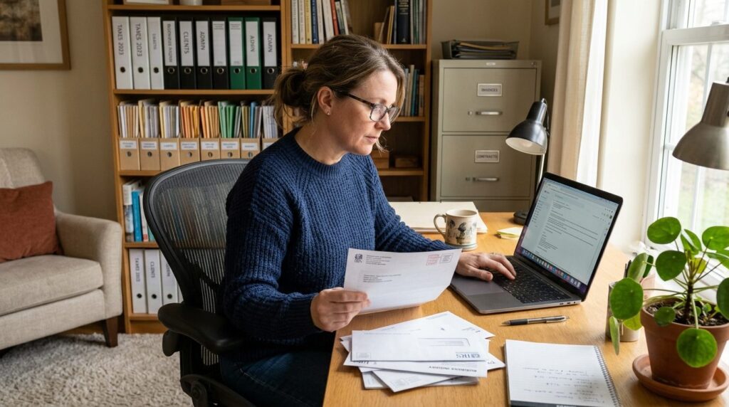 Remote worker reviewing business correspondence on laptop wh