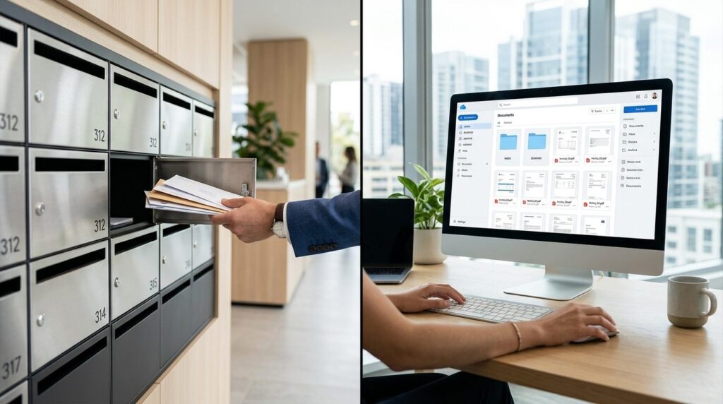 Digital mail forwarding service visualization: Split-screen