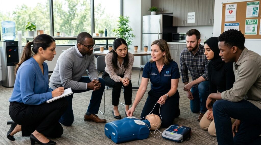 Diverse team of office employees participating in AED defibr