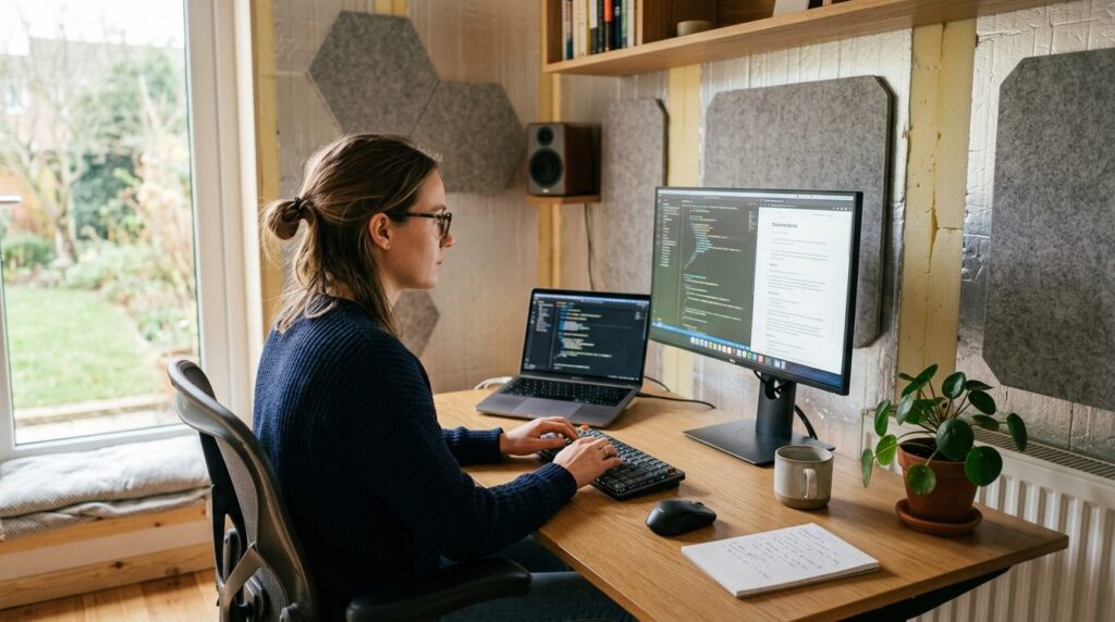 Focused professional working at desk in well-insulated home