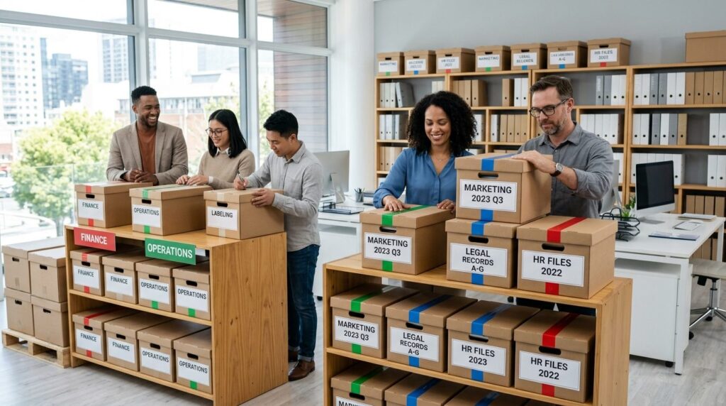 Team of office workers efficiently packing and organizing la