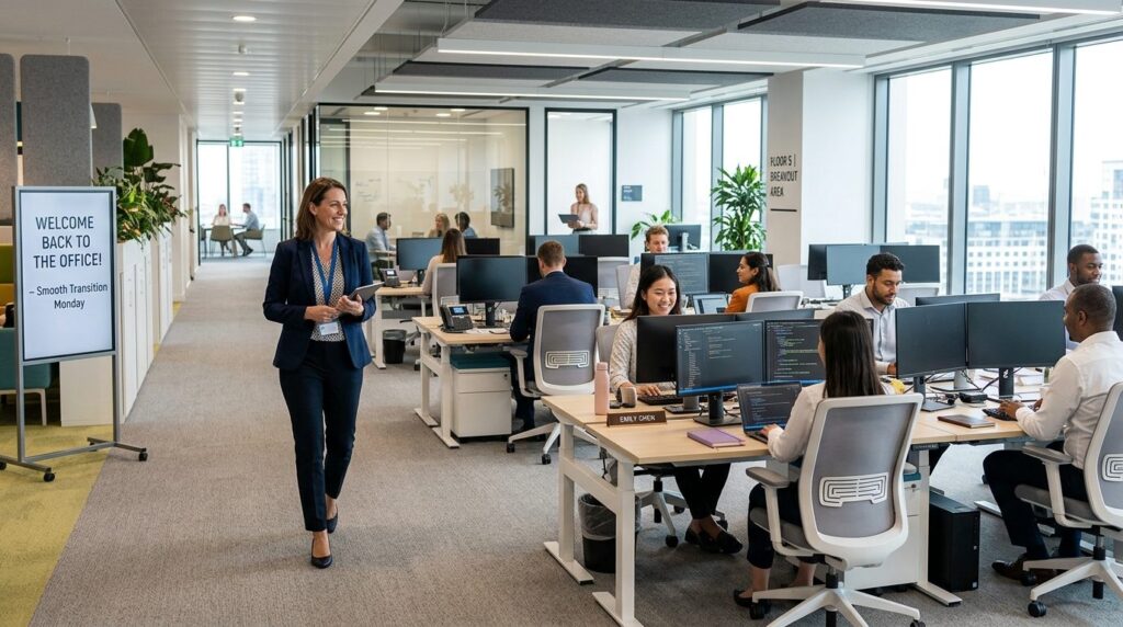 Monday morning office reopening scene, HR manager walking th