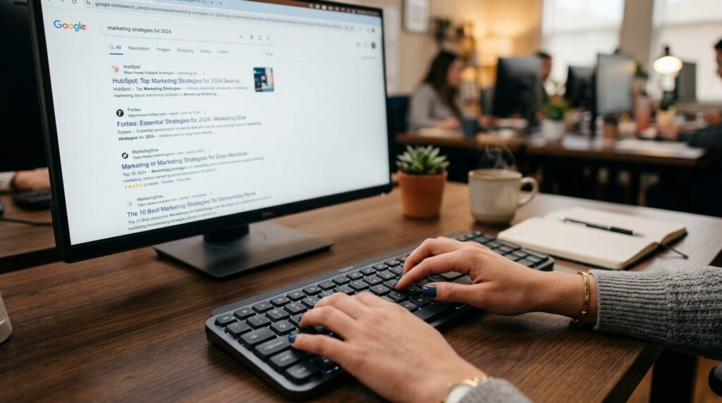 Close-up of hands typing on keyboard with Google search resu