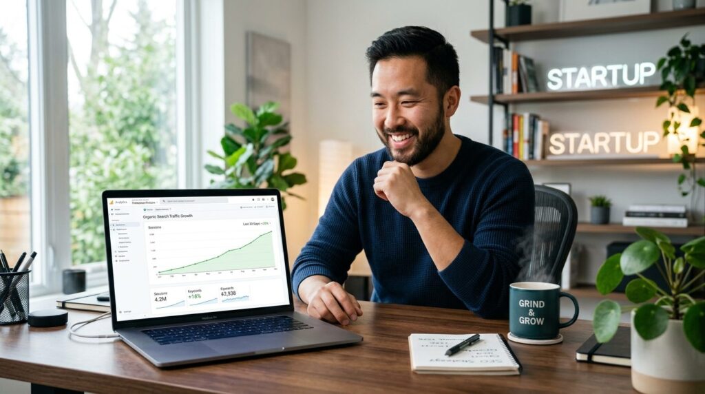 Freelancer or entrepreneur reviewing organic search traffic