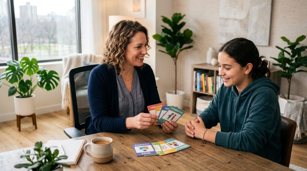 Professional workplace photograph of a therapist or counselo