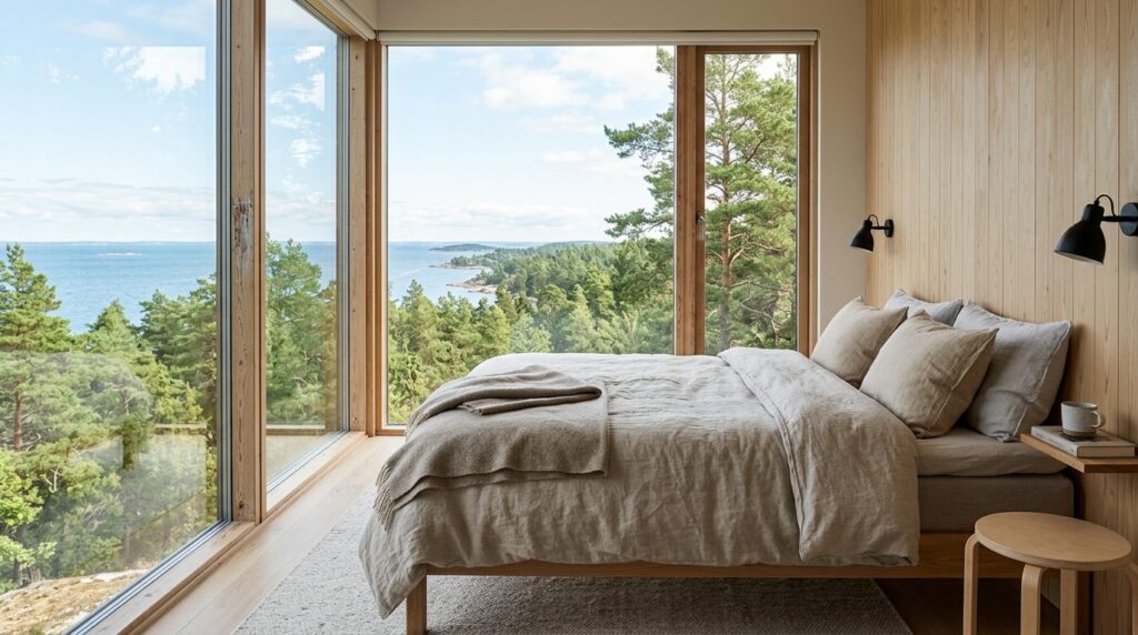 Minimalist fotorealistic bedroom interior in a modern Scandi