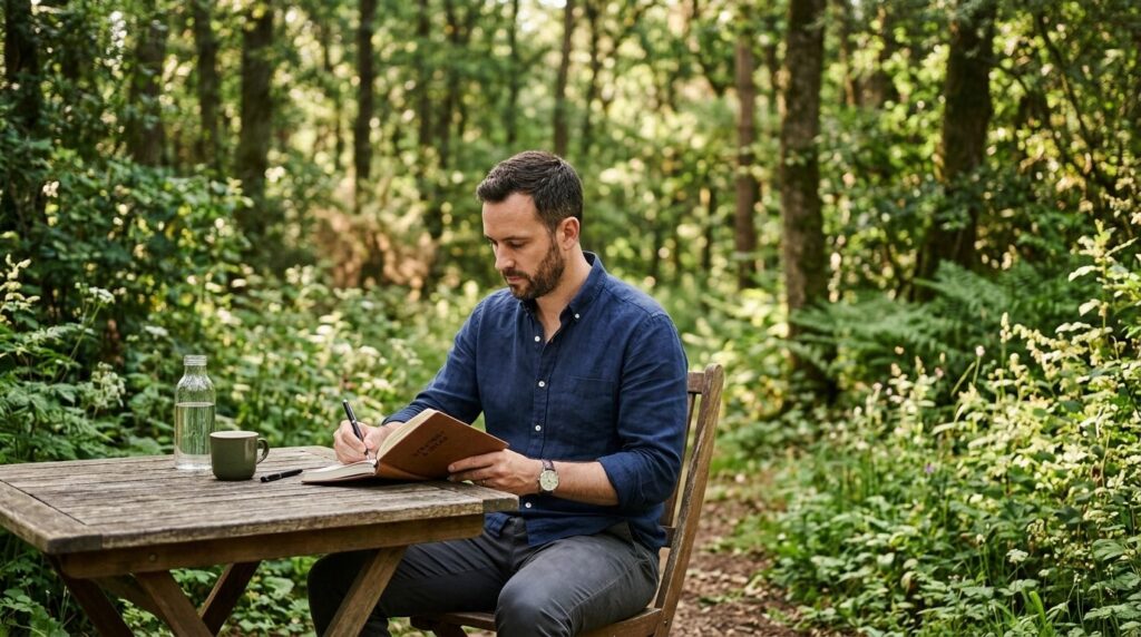 Business professional man in casual work attire sitting at w