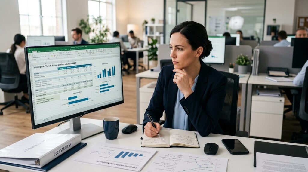 Close-up of business manager analyzing subscription tiers an
