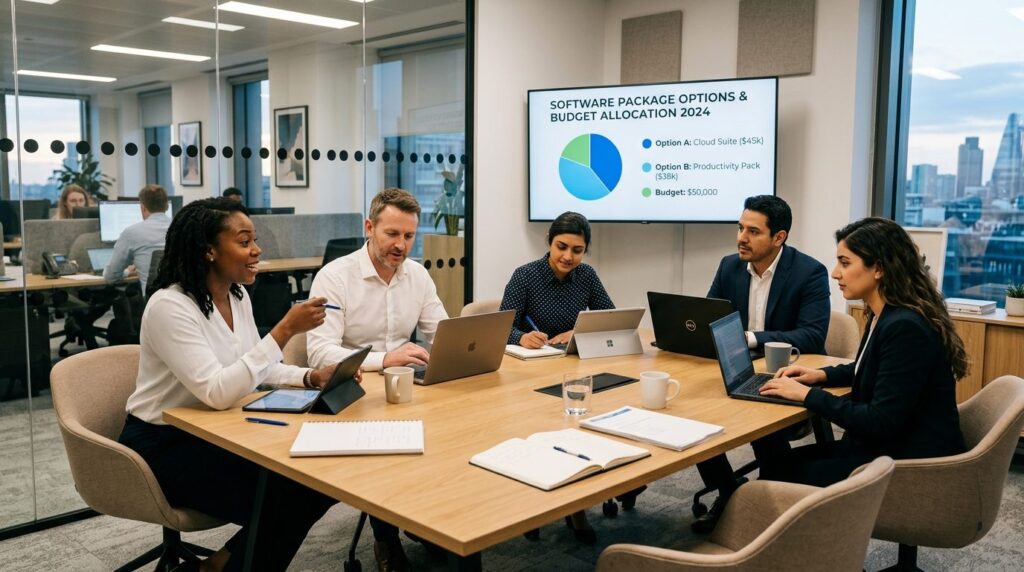 Diverse team of office workers in meeting room discussing so