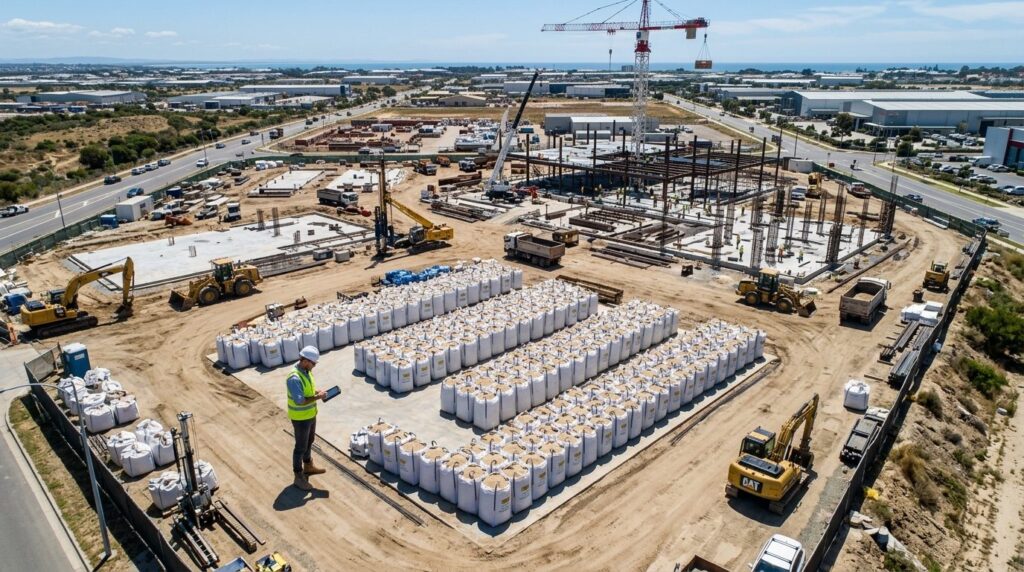 Aerial view of construction site with organized stacks of bu