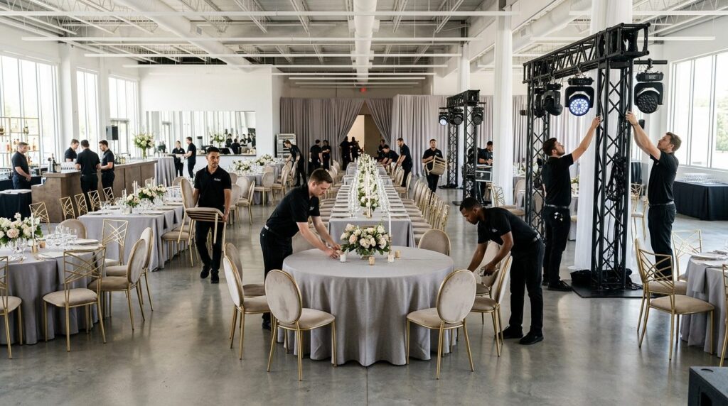 Wide shot of professional event rental company staff efficie