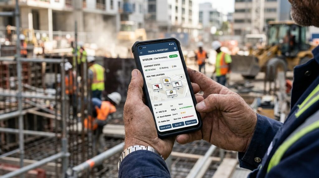 Close-up of skilled construction workers hands holding a sm