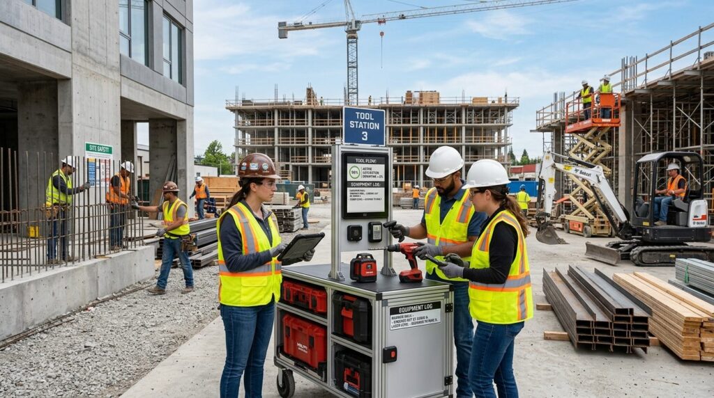 Organized construction site with workers efficiently managin