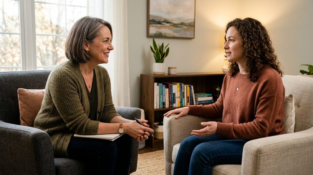 Photorealistic close-up of a therapist and client in a profe