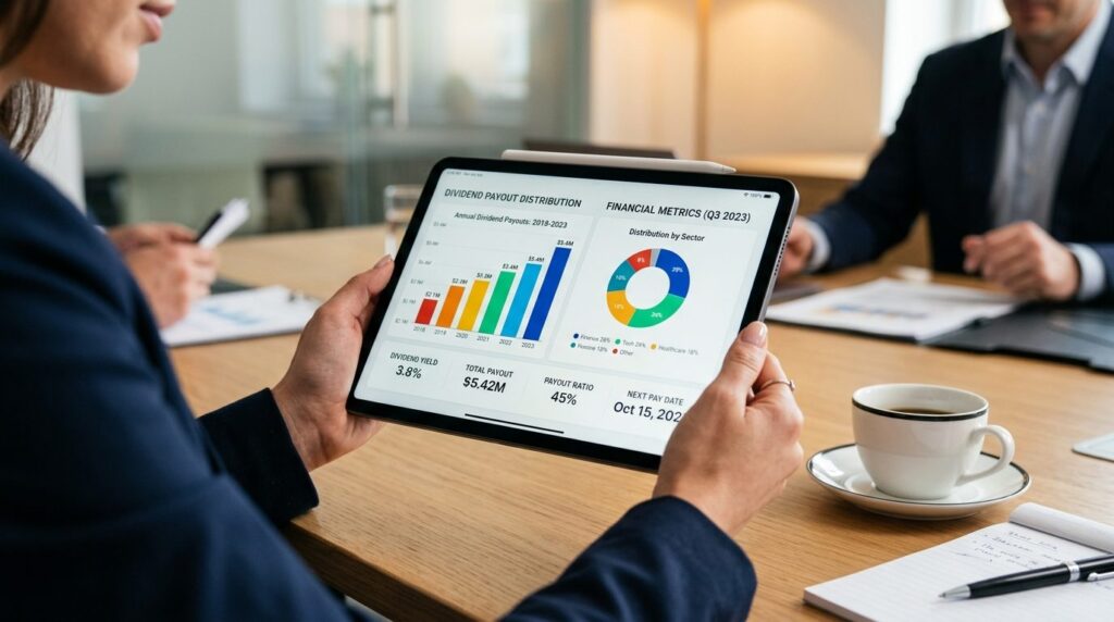 Close-up of hands holding tablet showing dividend payout dis
