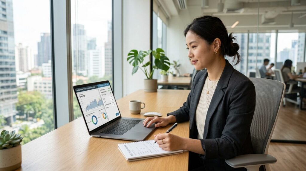 Young professional in modern office space reviewing investme
